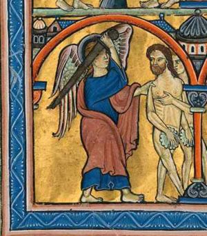 an angel raises his right arm with a sword in it and pushes with his left hand against the shoulder of Adam, who turns his head back to his right and holds his left hand in front of his chest, while covering himself with a leaf; Eve walks in front of Adam, stretching her left hand forward with the palm in front view, covering herself with a leaf in her right; architectural setting.