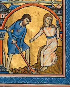 Adam spading the soil, Eve sits spinning; architectural setting.