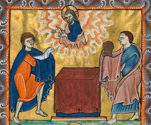 God appears in heaven turning to his right with both hands stretched forwards with the palms towards each other, looking at Abel; Cain and Abel both holding their sacrifice, a sheaf of corn and a lamb, with both hands forwards, above an altar.