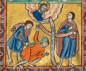 Cain hits Abel on the back of his head with a club held with both hands stretched forward; Abel falls forward, stretching his right hand backwards towards heaven, holding his left forward with the palm in front view.