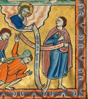 God, appearing in heaven, holds an inscribed scroll and addresses Cain, who turns his head back to his right, looking up at Him, holding his right hand in front of his chest in a gesture of speech and holding an inscribed scroll in his left.