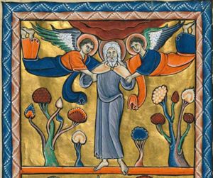 Enoch is carried up towards heaven by two flying angels.