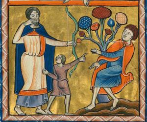 to the left of a tree stand Lamech, who has just released the arrow which has pierced Cain's throat, and Tubalcain, turning his head to his left holding his father's leg and looking up at him, pointing forward at Cain with his right hand; Cain at the right of the tree falls backwards with his hands stretched forwards and has his eyes closed; the arrow, stuck in his throat, has caused a bleeding wound.