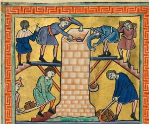 the Tower with two scaffolds attached to its sides; a brick-layer at work on the left one, another on the right pulls up stones in a basket; at either side a staircase leads up to the scaffolds; on the right one a man is ascending carrying a large stone on his shoulders; on the other one a man is seen in back view, standing on a flight of steps, pointing upwards with his right hand raised; on the ground two men carry stones on a barrow and one man is chopping stones with a hoe(?).