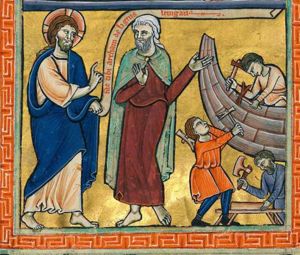God is holding an inscribed scroll in his left and stretches his right hand forward in a gesture of speech towards Noah who holds his right hand in front of his chest and stretches his left arm sidewards - both hands with the palms in front view - (pointing) towards his sons who are building the ark; two of them are hammering against the ship under construction. the other one is cutting a plank on a trestle with an axe.
