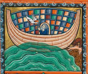 Noah, in the doorway of the Ark, raises his hands with the palms towards each other, to receive the dove returning with an olive-branch; a raven is eating from a floating carcass.