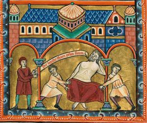 standing at either side of Noah, who is naked and sleeps - seated - with his head resting in his hand, Shem and Japheth cover their father, while averting their face; Ham stands to the left, holding an inscribed scroll in his left and stretching his right hand forward in a pointing gesture; architectural setting.