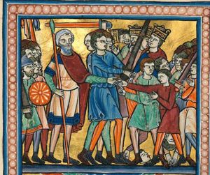 surrounded by his soldiers who attack the four kings with their swords, Abraham, clad in short tunic and chlamys(?), holding his lance in his right hand, stretches his left hand forward, which is seized by Lot; severed heads of the four kings' soldiers fall to the ground.