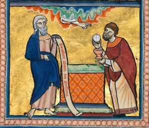 Abraham, to the left of the altar, holds an inscribed scroll in his left hand; Melchizedek, to the other side, holds both hands forward, a Host in his right and a chalice in his left; the `Dextera Dei' stretched down from heaven in a gesture of blessing towards Melchizedek.