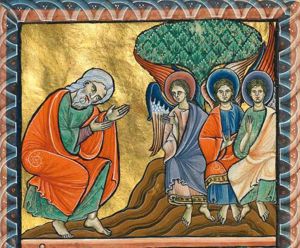 to the left Abraham is bowing before the three angels, stretching his hands forward with the palms towards each other; the angel, seated closest to him turns his head to his right and holds his right hand in front of his chest with the palm in front view; the others are seated, seen frontally, the one in the centre holding his right hand in front of him with the index and little finger upwards (`cornuto').