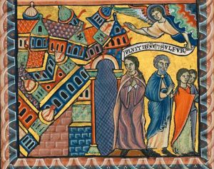 Lot walks away to the right, fleeing to Zoar, holding both hands forward, pushing against the shoulder of one of his daughters, who are both walking in front of him; Lot's wife is standing behind him, seen frontally, wringing her hands and turning her head to her right, looking at the burning cities, where buildings are collapsing; an angel appears from heaven, holding an inscribed scroll in his left hand and stretching his right hand towards the cities.
