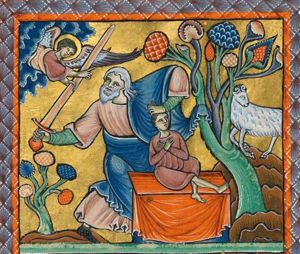 when Abraham, turning his head to his right, stretches his right hand with the sword backwards, holding Isaac, who is sitting on an altar with one leg straight and the other one drawn up and with his tied hands crossed over his chest, by his hair with the left, an angel appears in heaven, who has both hands stretched forwards, seizes the sword with his left and makes a speaking gesture with the right with which he also points at the ram in the thicket; a second tree is standing to Abraham's right.