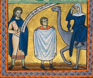 to the left stands Eliezer, an inscribed scroll in his covered left and with his right hand in front of him; in the centre Isaac, looking up to his left and holding a large piece of cloth in front of him; Rebecca, to the right, seated side-saddle on her camel, pulls her veil over her face; her right sleeve with a knot.