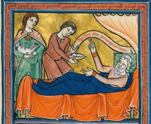Isaac holds his right hand upwards in a blessing gesture and his left hand forward; Jacob, both his hands forwards, offers him a bowl with his right hand, holding an inscribed scroll in his left; to the left Rebekah holds a goat in her arms in front of her; a curtain above Isaac's head.
