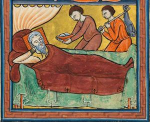 from the right Esau approaches his father, offering him a bowl which he holds with both hands forward; Isaac is sleeping with his right hand under his head; a servant follows Esau, carrying a dead hare on an arrow over his shoulder; a curtain above Isaac's bed.
