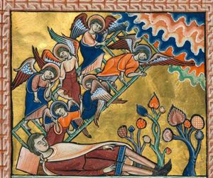 while he is sleeping on the ground, on his back with his hands held down alongside his body and a stone for pillow, a ladder is reaching from earth to heaven with six angels going up and down in a circle; shrubs at Jacob's feet.