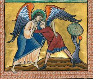 Jacob wrestles with the angel who is holding his right hand in front of his chest in a gesture of blessing; a tree.