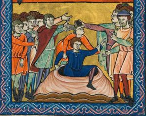 while one of the brothers pulls Joseph - with one leg already over the edge - out of the pit, grabbing him by both his arms, one of the Ishmaelites pays to the foremost of the group of brothers on the left, who stretches both hands forward with the palms up; some of the others also stretch a hand forward; another Ishmaelite, wearing a hat, holds his right hand down with the palm turned up and holds his left hand forward in a gesture of speech; one of the brothers turns his head back to his right.