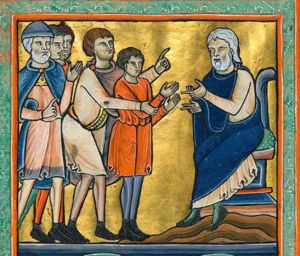 Potiphar, seated to the right, holds both hands forward, with the palms turned up; Joseph - also with both hands forward, but with the palm turned towards each other - is brought before him by the Ishmaelites, one of whom pushes Joseph's right arm forward from behind, while making a speaking gesture with his left hand forward; one of the others, wearing a hat, holds his left hand up, with the palm in front view and his right hand in front of him in a gesture of speech.