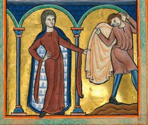 Potiphar's wife, with her right hand on her hip, seizes Joseph's robe with her left hand stretched forward; Joseph, fleeing to the right, turns his head back to his right and releases the robe which he holds with both hands above his shoulders; architectural setting.