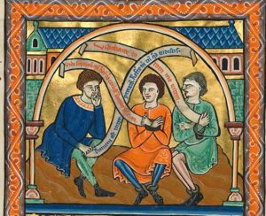 Joseph, to the left, resting his chin in his left, his elbow on his knee, and holding an inscribed scroll in his right hand, looks at the baker and the butler, who are both in fetters, hands crossed over the chest; architectural setting.