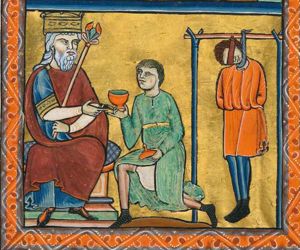 Pharaoh, seated on the left with a sceptre in his left hand, stretches his right hand forward, receiving the cup which the kneeling butler hands him with forward held right hand; his left hand with the lid is held down; to the right the baker, blindfolded and with his arms tied behind his back, is hanging from the gallows.