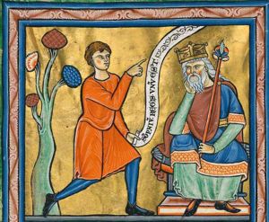 Joseph, falling to one knee, holds his right hand forward in a gesture of speech and holds an inscribed scroll in his left hand; Pharaoh sits to the right with his chin in his right hand, elbow on his knee; he holds a sceptre in the left; a tree behind Joseph.