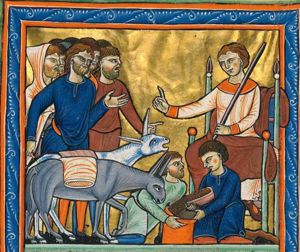Joseph sits to the right, holding a sceptre in his left and stretching his right hand forward in a gesture of speech; one of his brothers holds his left hand forward with the palm in front view and hits one of the donkeys, arriving from the left with empty sacks on their backs, with the whip in his right; another one of the brothers wears a hood, while a third one holds his left hand forward in a gesture of speech; a servant pours corn from a winnow into a sack held by another brother who is kneeling on both knees.