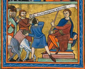 Joseph, sitting to the right, with his legs crossed - in three-quarter view - holding a sceptre in his right hand, which rests on his knee and stretching his left hand forward in a gesture of speech; Simeon holds his hands forward with an inscribed scroll, while a servant of Joseph - seen in back view - seizes his right arm and puts a vessel in the open sack on the back of one of the two donkeys, who are walking away to the left carrying a filled sack; one of the other brothers, his hood pulled over his head, wrings his hands.