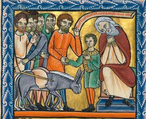 before Jacob, sitting to the right, wringing his hands - his head slanting to his right - Judah takes Benjamin by the hand, holding an inscribed scroll in his left hand; Benjamin, a boy, holds his right hand forward and his left hand in front of his chest; two donkeys arriving from the left, carry sacks on their back which are closed with a pin; the brothers, one of whom has his hood pulled over his head, make various gestures: one turns his head to his left, looking at Benjamin, but pointing down to his right with his left hand; two others hold their left hand forward with the palm in front view; one holds a stick above the donkeys.