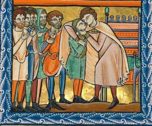 to the right Joseph is standing in front of his throne, embracing Benjamin; the other brothers make various gestures: one, wearing his hood over his head, holds the hand of one of the others, who holds it with the palm in front view, in front of his chest; another one raises both hands, with the palms towards each other; yet another one pulls at his own tunic.