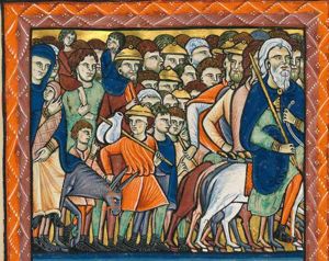 holding a staff in his right hand, Jacob rides to the right on an ass; his family follows him, partly mounted, partly on foot; two men, one of whom wears a hat, like some of the others, are carrying a child on their shoulders; to the left a woman is riding side-saddle, on a donkey, holding a swaddled child with both arms in front of her, while a man, who is wearing a hat, leads the donkey by the reins, carrying a bag over a staff with his other hand and turning his head back to his right; one man holds his right hand in front of his head in a gesture of speech; one man hits a donkey with a whip.