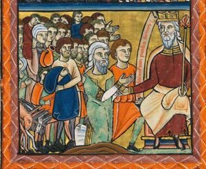 Jacob, in the centre, kneels on both knees and stretching both hands with the palms towards each other, forward towards Pharaoh, who sits on the right, holding a sceptre in his left and touching Jacob's arms with his right; Joseph, on one knee, in between them, with an inscribed scroll in his left hand; behind Jacob, one of his sons carries his coat; one of the group carries a child on her shoulders; someone else holds a staff with a bag over it; to the far left: (part of) a woman holding a swaddled child in her arms; donkeys arrive from the left.