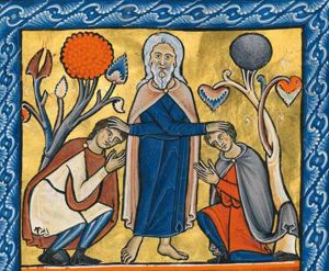 Jacob is standing between Manasseh, who is crouching and Ephraim, who kneels on one knee, and is blessing them by putting his hands with his arms crossed, on their head; they both stretch their arms forward with the palms of their hands turned to each other; two trees flank the scene.