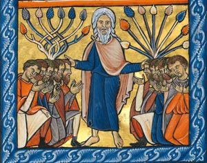 Jacob, with his hands sidewards, touching the heads of two of his sons in blessing them, stands between his sons, divided into two groups of six, kneeling on one knee or both knees; they are making various gestures: some of them stretch a hand forward, a few with the palm in front view; one holds both hands forwards with the palms turned towards each other; another one holds both hands in front of his chest with the palms in front view.