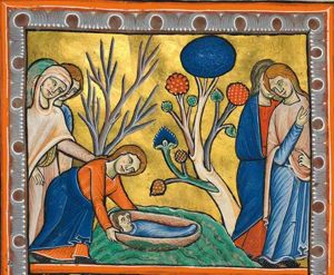Thermuthis, Pharaoh's daughter, is standing behind the servant who pulls Moses out of the water, and puts her left hand on her shoulder; two other servants accompany her; to the right Jochebed(?) and Miriam(?) one of whom holds her left hand in front of her in a gesture of speech and her right hand in front of her chest, are watching the rescue; two trees.
