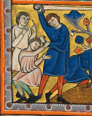 Moses - as a young man - seizes the Egyptian's hair with his left, raising his sword with his right hand; the Egyptian turns back to his left, sttretching both arms sidewards, and grabs Moses's arm with his right, while he holds his left handpalm in front view; Moses' countryman brings his hands to his head, his left index finger upwards.