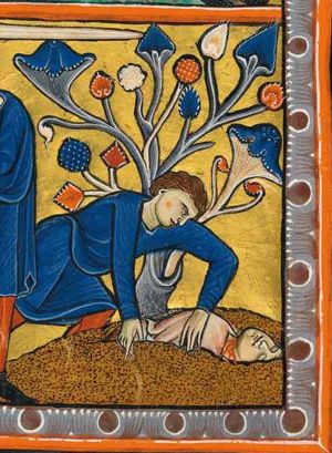 bent over the dead Egyptian, which is lying in a hole, with his throat cut and his eyes closed, Moses - as a young man - pushes sand over the body with forward stretched hands; a tree behind him.