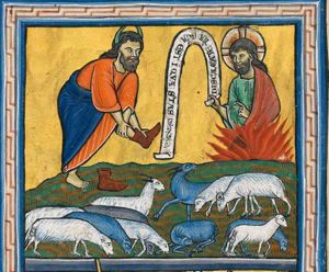 Moses, standing on his right foot, already bare, has his left leg drawn up, while removing his shoe; he listens to God, appearing - as a bust - in the burning bush, with the left hand in front of his chest in a gesture of speech and with an inscribed scroll in the right;