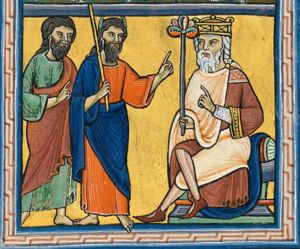 Moses, holding his staff in his right hand, stretches his left hand forward in a gesture of speech; Aaron, behind him, holds his right hand in front of him in a speaking gesture; Pharaoh, sitting with his legs crossed, at the right, holds his left hand in front of his chest in a gesture of speech and holds his sceptre in his right.