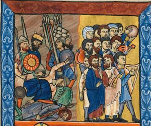 Moses(?), holding a psaltery(?), in his covered left hand, turns his head to his right, holding his right hand in front of his chest in a gesture of speech; Aaron(?), to his right, brings his left hand to his head; several Israelites playing musical instruments: tambourine, fiddle and harp; one of them carries a bag over a staff; one man turns his head backwards to his right and, making a speaking gesture with his left hand in front of his chest, he looks at Pharaoh and his army, engulfed in the Red Sea.