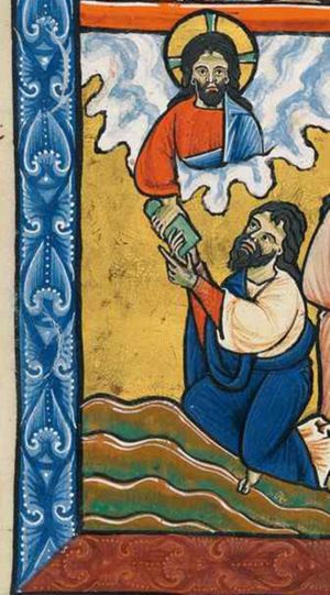 Moses, kneeling on both knees, looks upwards and stretches both hands forward with the palms upwards, receiving the tables of the law, which God, appearing in heaven, hands to him with the right hand stretched forward.