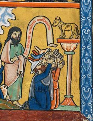 while Aaron(?) is standing at the left, with his right hand in front of his chest in a gesture of speech and with an inscribed scroll in his covered left, the Israelites, all wearing Jew-hats, are kneeling on both knees before the golden calf - on a pillar - and raise their hands with the palms towards each other.