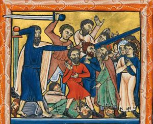 three Levites, seizing idolators by their hair, raising or stretching forward their swords; corpses of those already slain are lying at their feet; their other victims make various gestures: one man holds his right hand in front of his chest with the palm in front view and points down with his left at the dead; one man points with his left hand back over his shoulder, at the Levites; a third raises his right hand with the palm in front view, while holding his left with the palm upwards in fornt of him; a woman at the right is wringing her hands; some men are shouting in despair.