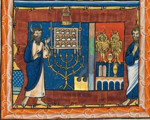 the Tabernacle with Moses and Aaron standing in front of it: Moses at the left, with his left hand sidewards with the palm in front view and with his right hand in front of his chest; Aaron is touching his beard; identifiable objects in the Tabernacle: inside the Holy of Holies: the Ark of the Covenant with the tables of the law, the rod of Aaron and the pitcher with manna placed on top of it; the `menorah' (seven-branched candlestick) and the table with the twelve cakes of the showbread are placed outside the Holy of Holies, a lamp (one of the seven?) is hanging above the table; next to the menorah the bronze laver(?).
