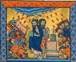 Korah and his followers, holding censers, are facing Aaron, who is also holding a censer; the rebels are destroyed by the fire of the Lord, who is represented by the `Dextera Dei' stretched from heaven in a blessing(?); between Aaron and the rebels is an altar with the flowering rod in between the twelve rods; to the left rebels are swallowed by the ground(?), while buildings collapse, also hit by the fire from heaven; these rebels face Moses, who holds the tables of the law in his covered right and makes a gesture of speech with his left hand in front of his chest.