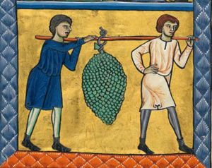 the two spies, the foremost of which holds his right hand on his hip, are carrying a large bunch of grapes on a pole.