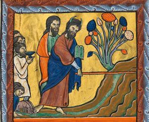 Moses, with the tables of the law in his covered left, holds his right hand downwards, striking with his staff; the Israelites are catching water in and drinking it from bowls; animals drinking; a tree.