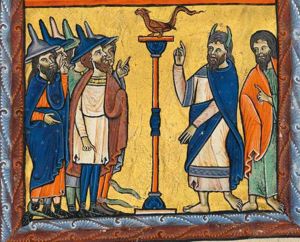 the Israelites, wearing Jew-hats, are being bitten by snakes at which one of them points down, while others raise their hand, pointing at the brazen serpent curing them; to the right of the pillar, on which the serpent (a dragon) is placed, Moses is raising his right hand, pointing at it, while he is holding his left hand downwards; behind him Aaron, with his right hand covered by his mantle, is also pointing at the serpent with his left hand in front of his chest.