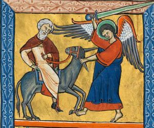 seizing the ear of Balaam's ass with his left hand, the angel threatens it with the sword in his raised right hand; the animal turns his head back to his right, looking up at its master, who is holding a whip in his right.